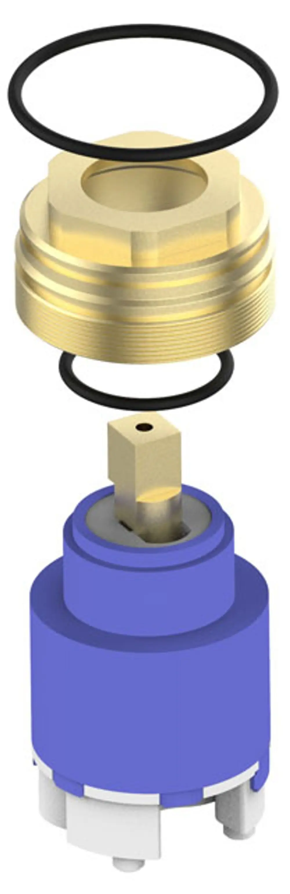Montierte Mischwasserkartusche in blau und gold, bestehend aus einem oberen und unteren Teil sowie einem O-Ring. Teil von Keuco Produkten.